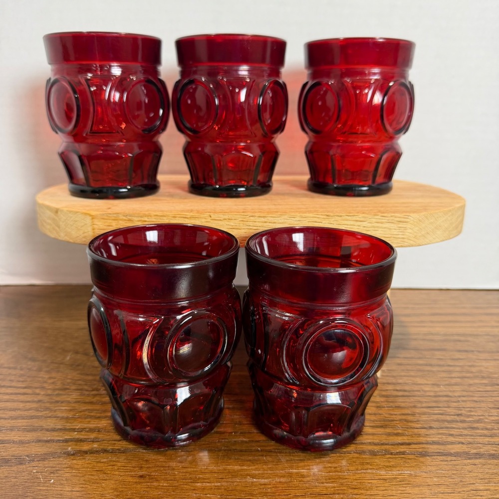 Wheaton Ruby Red Bullseye Star Tumbler Glasses Set of 5 Vintage 4" Red Glassware